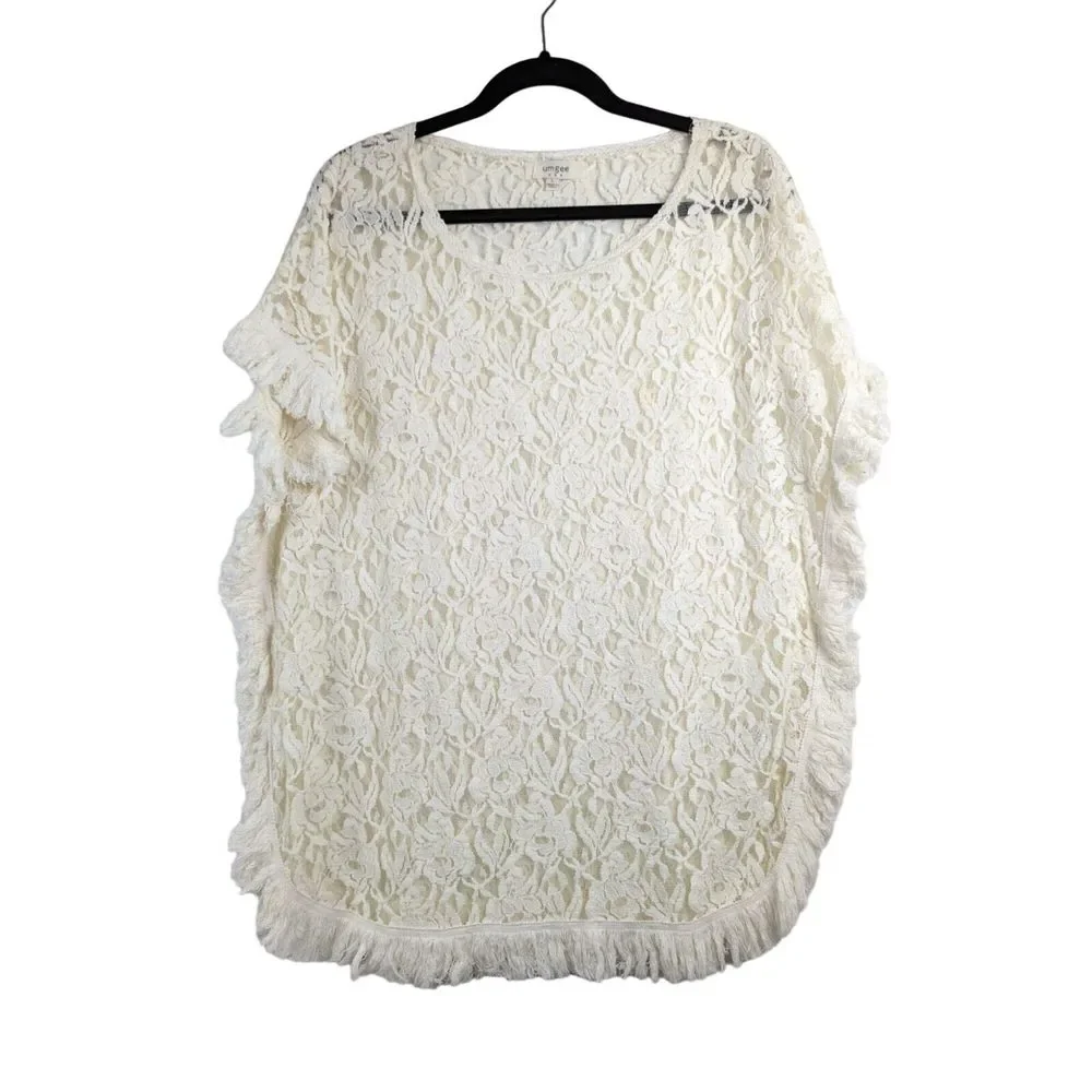 Umgee Womens Poncho Top Size L Lace Fringe Ivory White Short Sleeve Round Neck